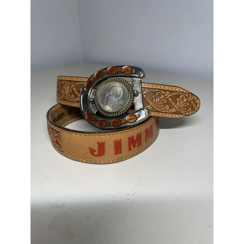 Vintage Western Leather tooled  belt horseshoe USA Dollar Coin  Buckle Sz 32